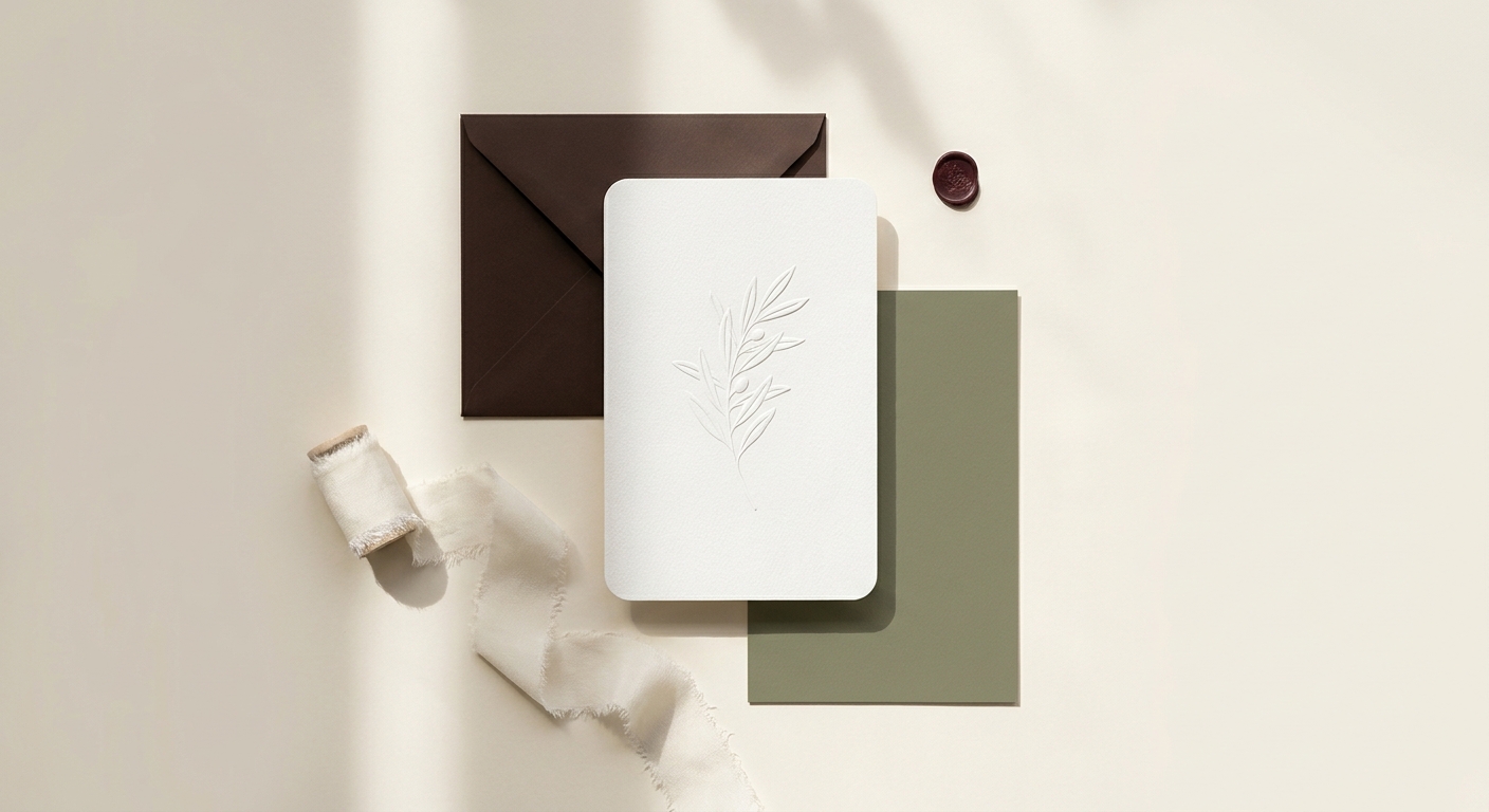 Papeterie de mariage tendance 2027 dans une palette chocolat, ivoire et vert olive