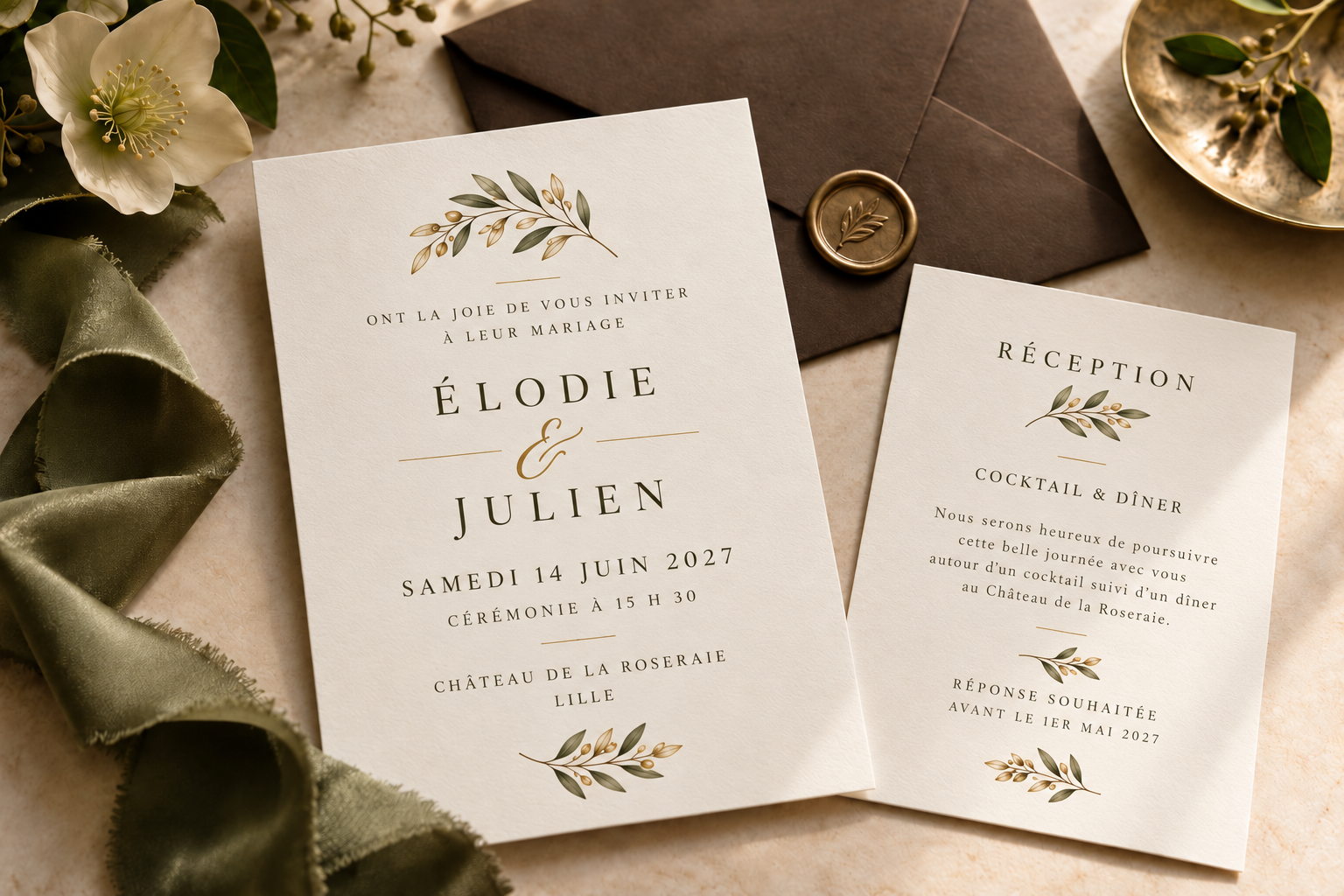 Faire-part de mariage Élodie et Julien et carton de réception assorti sur papier ivoire, avec motifs botaniques vert olive