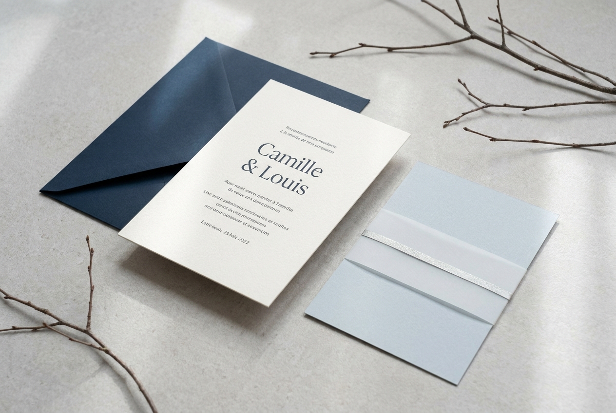 Faire-part de mariage bleu nuit et ivoire avec détails argentés discrets et calque sur papier texturé