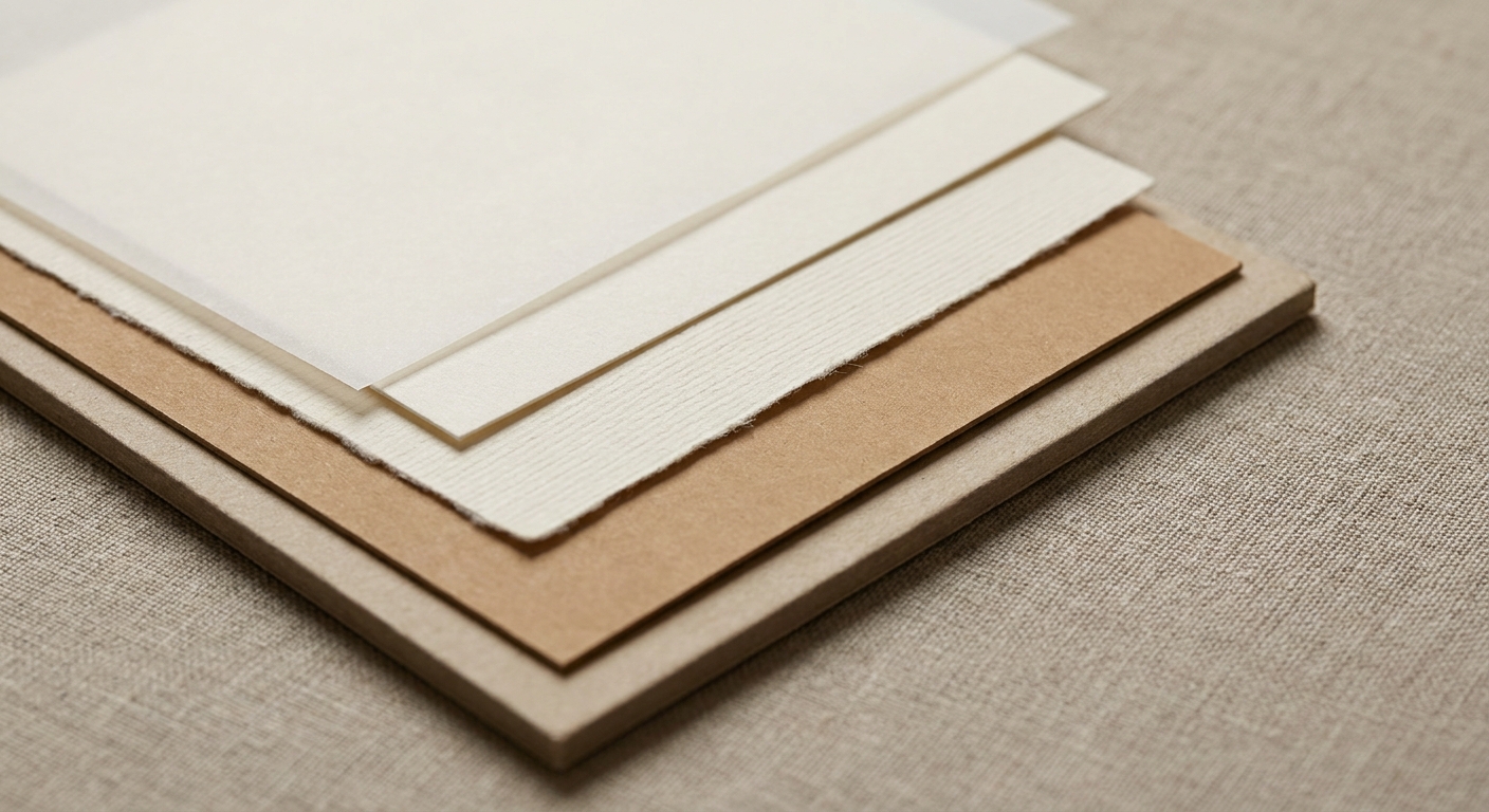 Échantillons de papiers de mariage coton, vergé, calque et kraft avec textures visibles