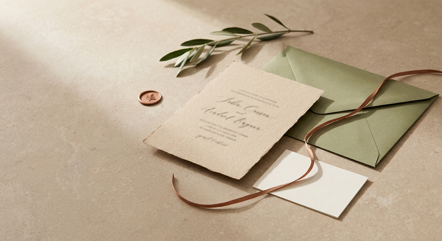 Faire-part d’automne vert olive, beige sable et cuivre avec enveloppe et détail végétal