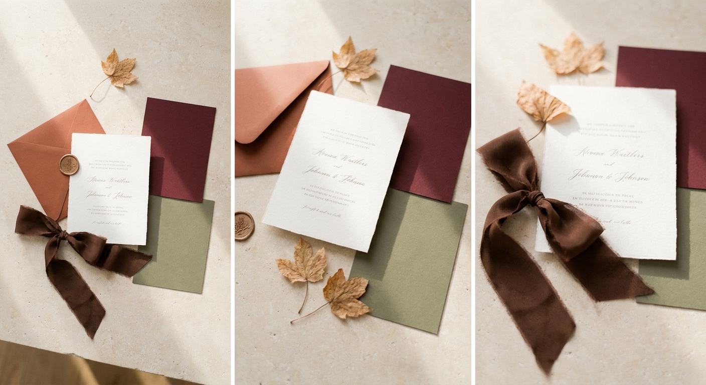Composition éditoriale de papeterie de mariage d’automne aux tons terracotta, ivoire, bordeaux et vert olive