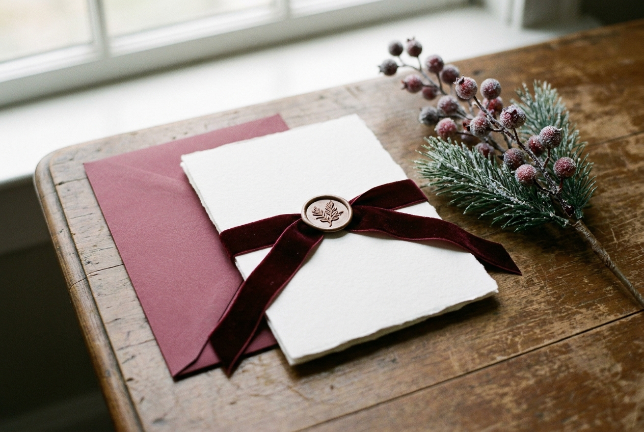 Faire-part hivernal ivoire avec ruban de velours bordeaux et enveloppe assortie