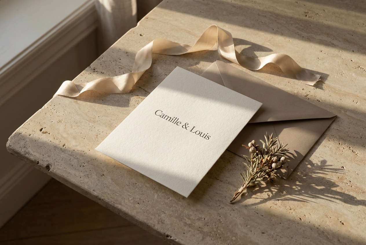 Composition de papeterie de mariage hivernale ivoire et champagne, enveloppe taupe, papier texturé et ruban en lumière naturelle