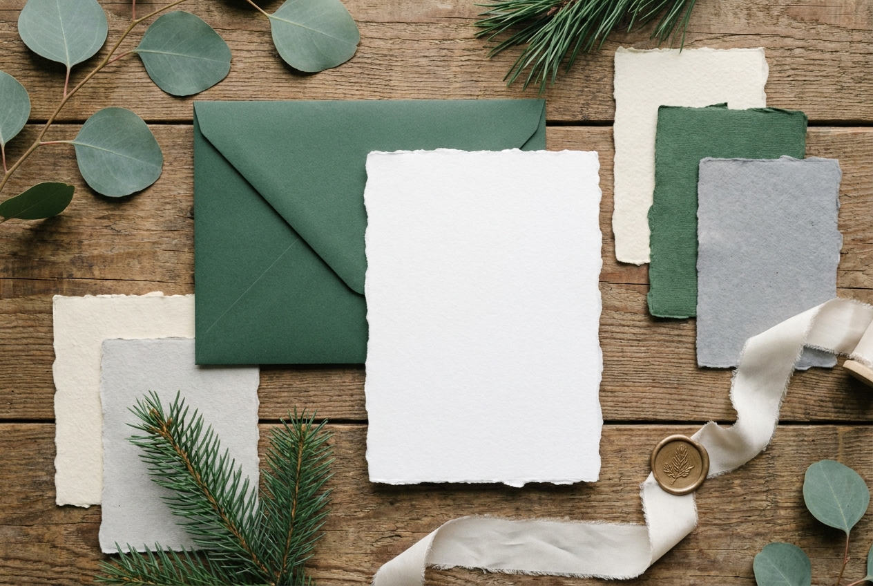 Papeterie de mariage hivernale vert forêt et ivoire, papiers texturés et feuillage